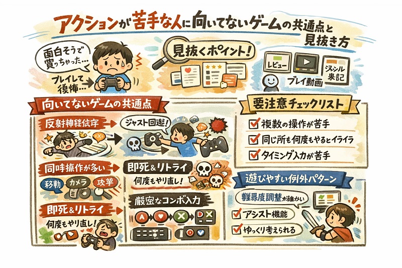 アクションが苦手な人に向いてないゲームの共通点と見抜き方の概略図
