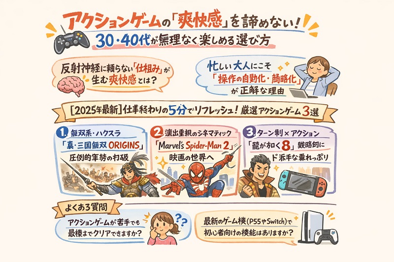 アクションゲームの「爽快感」を諦めないで30・40代が無理なく楽しめる選び方の概略図