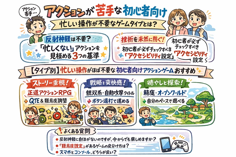 アクションが苦手な初心者向け｜忙しい操作が不要なゲームタイプの概略図