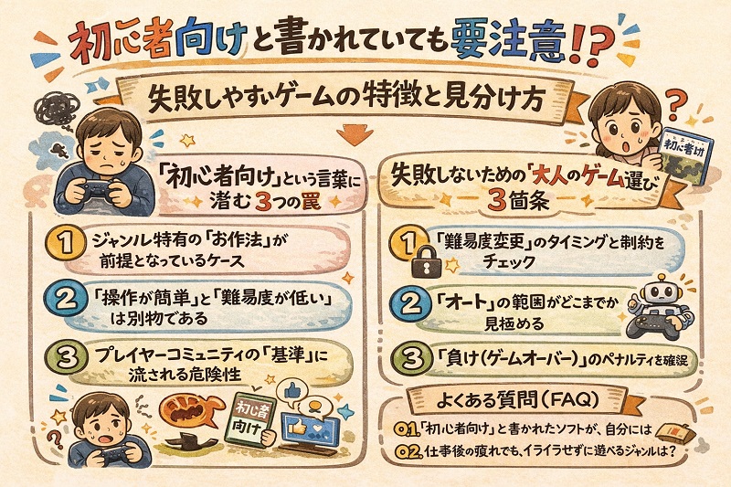 初心者向けと書かれていても注意すべき、失敗しやすいゲームの特徴と見分け方の概略図