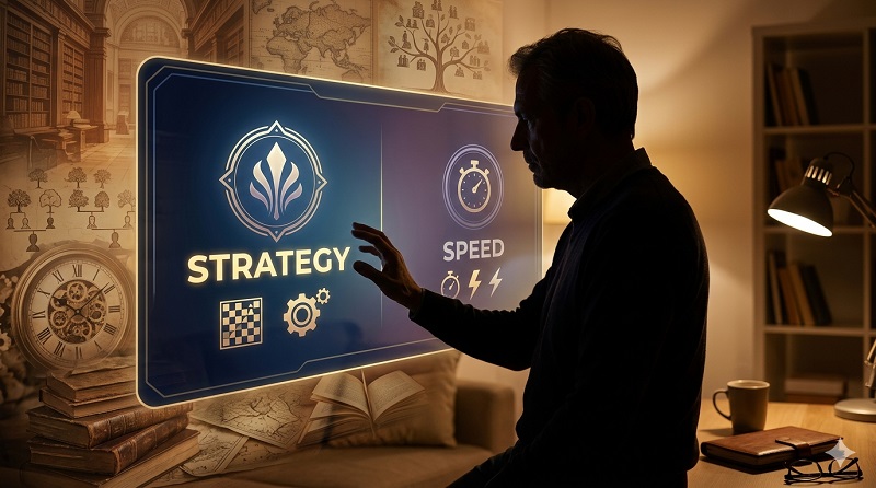 人生経験を表す背景に、「スピード」よりも「戦略」を選択するプレイヤーのシルエット