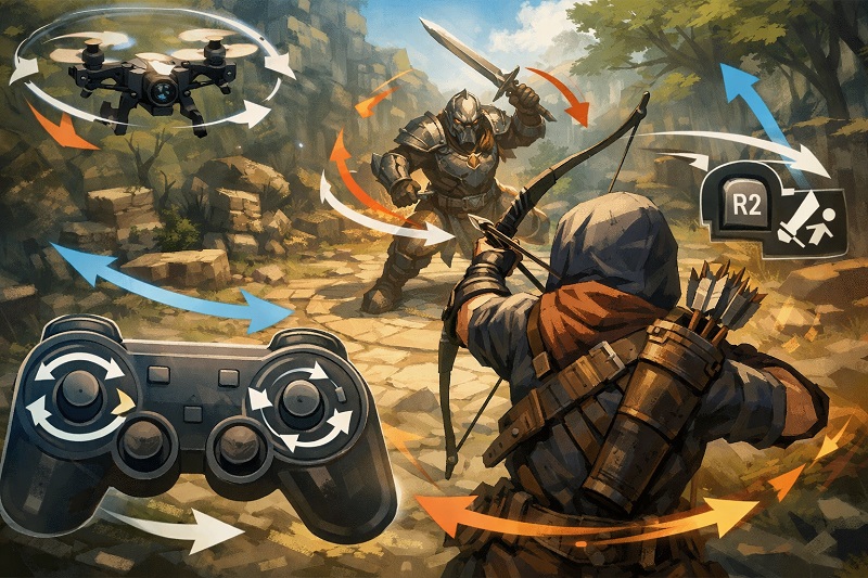 3Dゲームのカメラ操作が難しい原因である移動・視点・攻撃の同時操作を示した図