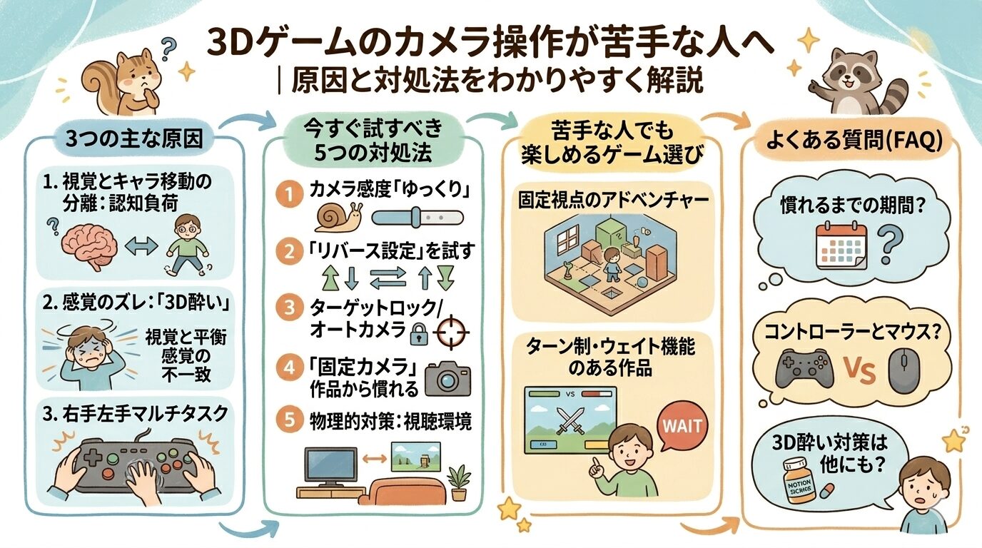 3Dゲームのカメラ操作が苦手な原因と対処法を解説した図解。認知負荷や3D酔い、左右の手のマルチタスクといった3つの原因と、カメラ感度の調整やリバース設定、固定カメラ作品の活用など5つの対処法、苦手な人向けのゲーム選び、FAQをまとめたイラスト。