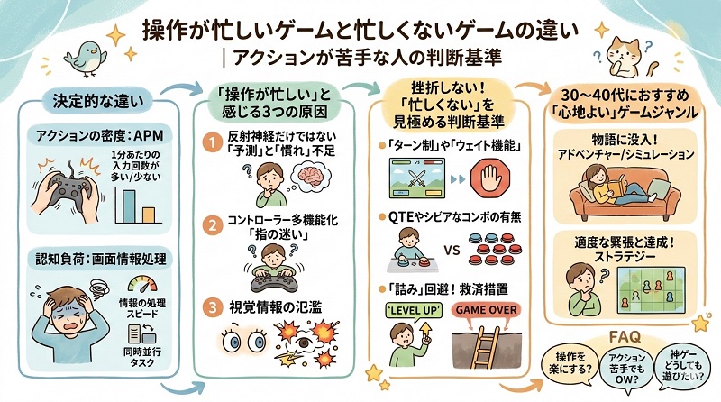 アクションが苦手な人のためのゲーム選びの判断基準をまとめたグラレコ画像。操作が忙しい原因（予測不足、多機能化、情報氾濫）や、忙しくないゲームの特徴（ターン制、ウェイト機能）、おすすめのジャンルを視覚的に解説。