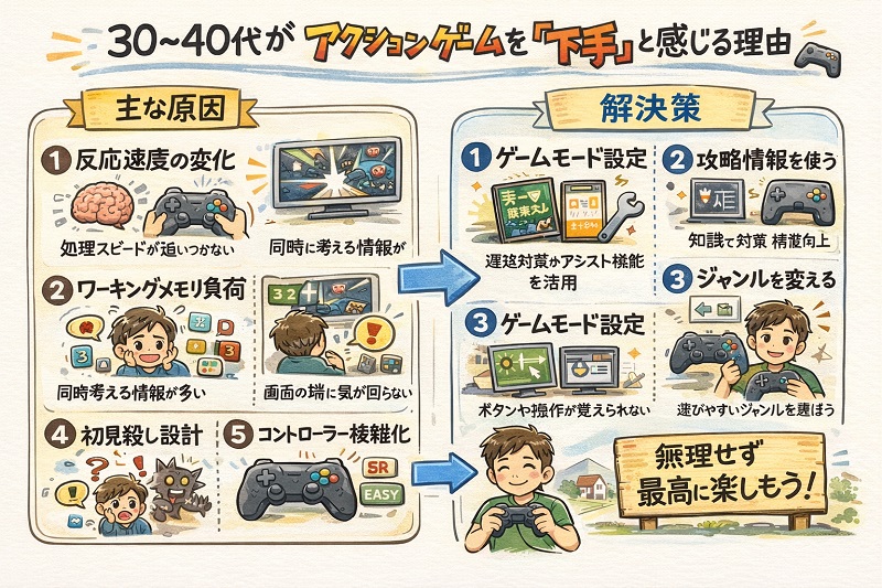 アクションゲームに向いてないと30-40代が「下手」と感じる5つの原因と解決策の概略図