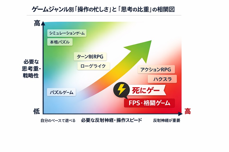 Image: Graph showing the spectrum from Action to Strategy games