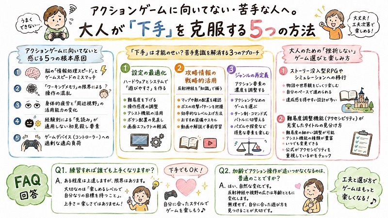 アクションゲームが苦手な大人向けに、「下手」を克服する5つの方法を解説した手書き風グラレコ。苦手な根本原因、設定最適化・攻略情報活用・ジャンル再定義の対策、挫折しないゲーム選び、FAQを図解で紹介。