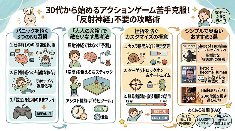 30代から始めるアクションゲーム苦手克服の図解。反射神経に頼らない予測重視の思考法、カメラ感度やアシスト機能の設定カスタマイズ、ゴースト・オブ・ツシマなどおすすめ3選、FAQ（死にゲーへの挑戦など）をまとめたグラレコ風イラスト。
