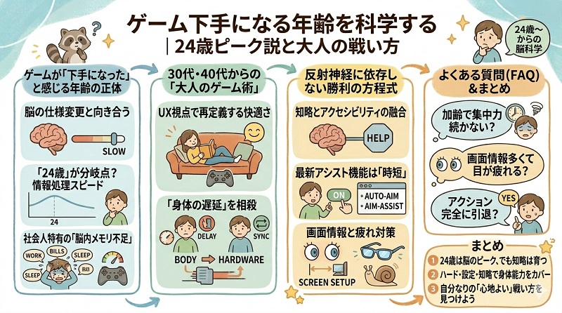 「ゲーム下手になる年齢」を科学的に解説した図解。24歳をピークとする情報処理スピードの変化や社会人の脳内メモリ不足といった原因、ハードウェアによる遅延相殺やアシスト機能活用などの「大人のゲーム術」、加齢による集中力低下へのFAQ、まとめを記載したグラレコ風イラスト。