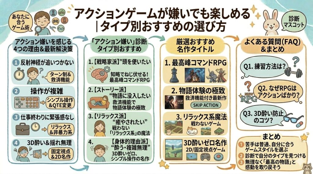 アクションゲームが嫌いでも楽しめる、タイプ別のゲーム選びを解説した図解。反射神経の限界や操作の複雑さ、3D酔いといった「嫌いな理由」への解決策を提示。「戦略家派」「ストーリー派」「リラックス派」「身体的理由派」の4タイプ診断と、それぞれのタイプに最適なコマンドRPGや非暴力ゲーム、固定視点作品の選び方をまとめたグラレコ風イラスト。