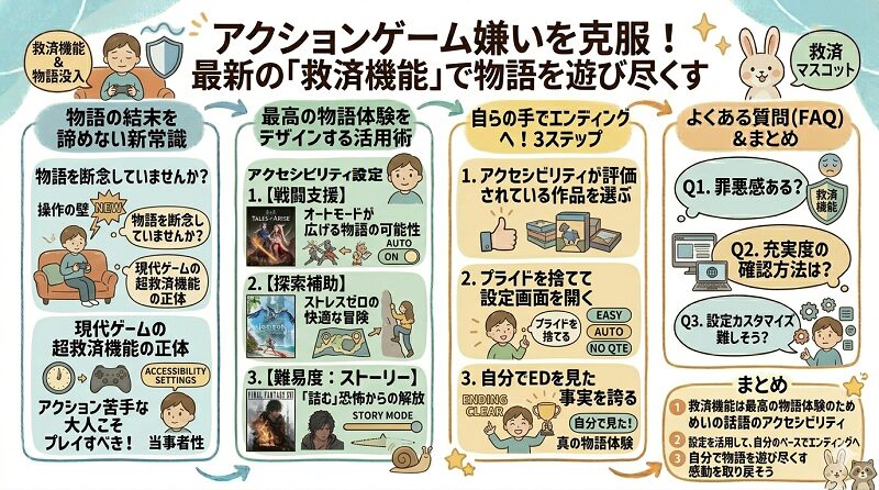 最新ゲームの「救済機能」を活用して物語を遊び尽くす方法を解説した図解。戦闘支援（オート戦闘）、探索補助、ストーリー専用難易度の3つの活用術を紹介。実況動画ではなく自分の操作でエンディングに辿り着くための3ステップや、難易度変更への罪悪感に関するFAQをまとめたグラレコ風イラスト。