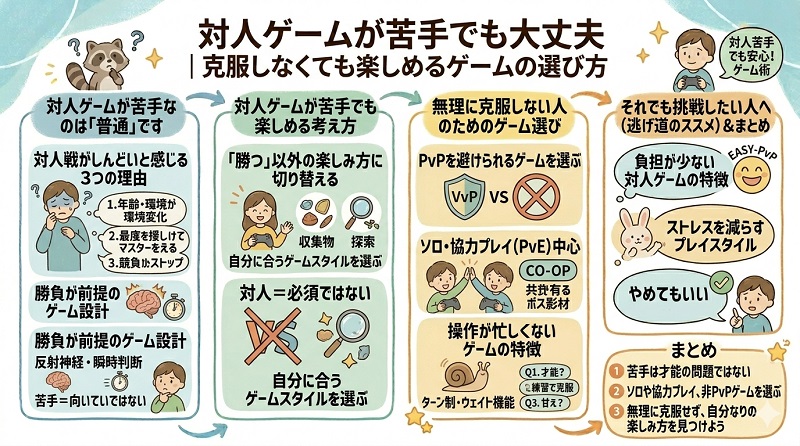 対人ゲームが苦手な人への楽しみ方と選び方を解説した図解。対人戦がしんどい理由（年齢・環境の変化、競技化された構造）、無理に克服しないための考え方、ソロ・協力プレイ（PvE）中心のゲーム選び、負担の少ない対人戦への向き合い方、FAQ、まとめをまとめたグラレコ風イラスト。