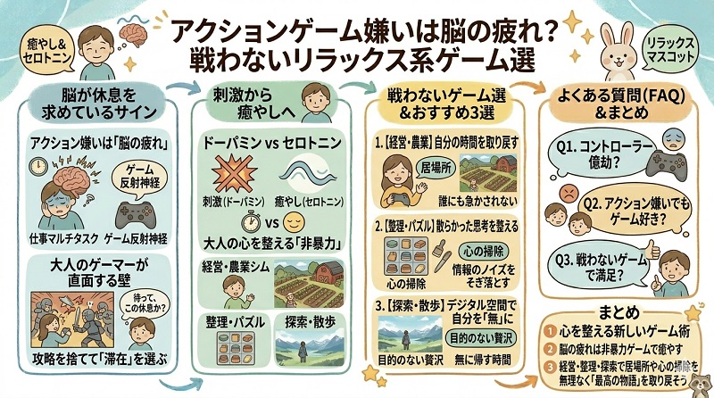 「アクションゲーム嫌いは脳の疲れ？」をテーマに、大人のためのリラックス系ゲームを解説した図解。仕事のマルチタスクによる脳の疲労、刺激（ドーパミン）から癒やし（セロトニン）への切り替え、経営・農業シム、整理・パズル、探索・散歩といった「戦わないゲーム」の魅力をまとめたグラレコ風イラスト。
