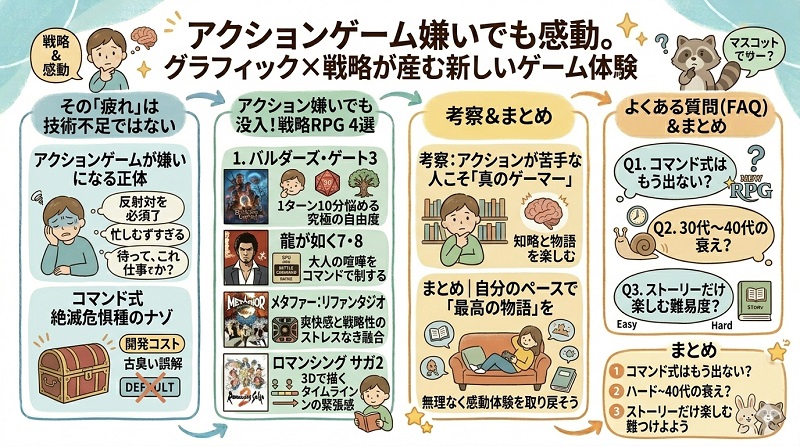 アクションゲームが苦手な人でも没入できる、高グラフィックな戦略RPGの魅力を解説した図解。コマンド式RPGが「古臭い」とされる誤解や開発の裏側、バルダーズ・ゲート3、龍が如く7・8、メタファー、ロマサガ2Rといったおすすめ作品の紹介、自分のペースで物語を楽しむための考え方をまとめたグラレコ風イラスト。