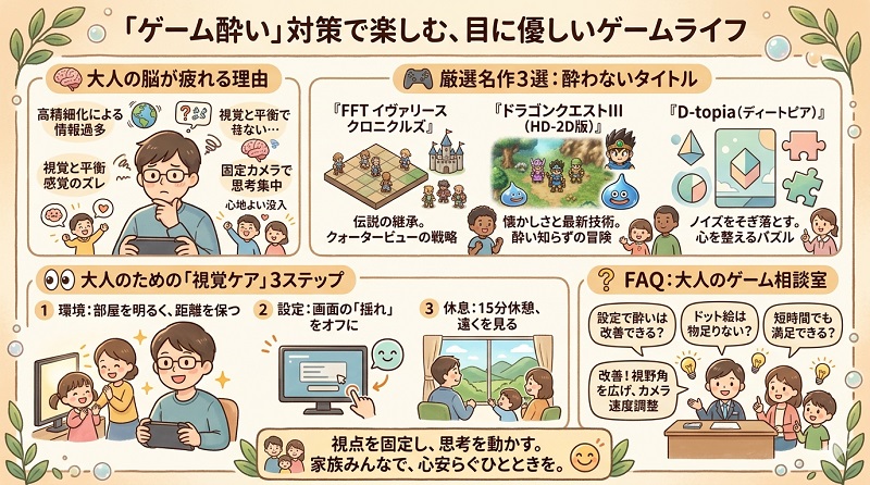 「アクションゲーム嫌いの原因は3D酔い？」をテーマに、目に優しく酔いにくいゲーム選びを解説した図解。高精細化による情報過多や3D酔いのメカニズム、固定視点（クォータービューやHD-2D）のメリットを紹介。FFT、ドラクエ3（HD-2D版）、D-topiaといった推奨タイトルや、大人のための視覚ケア3ステップ、3D酔いに関するFAQをまとめたグラレコ風イラスト。