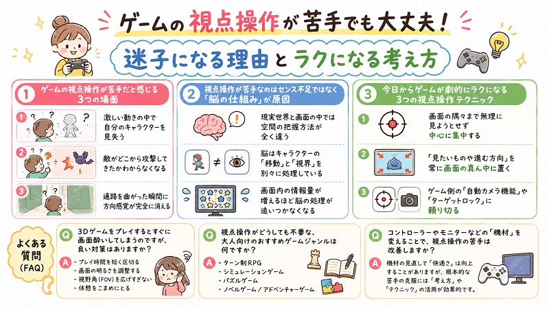 ゲームの視点操作が苦手な人向けに、迷子になる理由とラクになる考え方、3つの改善テクニックやFAQを手書き風イラストで解説したグラフィックレコーディング画像