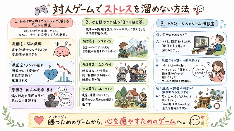 対人ゲーム（PvP）でストレスが溜まる原因と、心を穏やかに保つための3つの処方箋（ソロRPG、協力プレイ、スローライフゲーム）をまとめた、家族向けタッチの可愛いグラフィックレコーディング（インフォグラフィック）の画像。