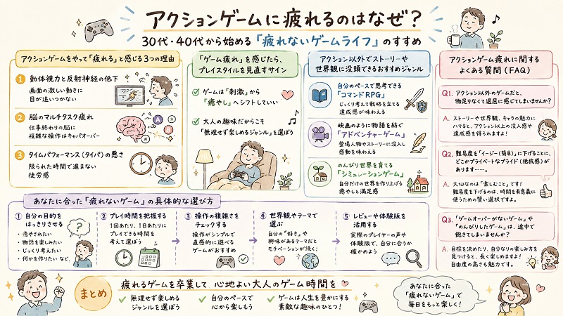 アクションゲームに疲れる原因である反射神経の低下や脳疲労、タイパ問題を解説し、30代・40代向けの疲れないゲームライフやおすすめゲームジャンルを紹介する図解