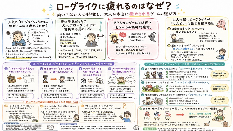ローグライクに疲れる理由と向いてない人の特徴、そして大人が本当に癒やされるゲームの選び方についてのグラレコ画像